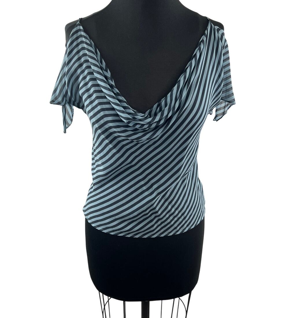 Warehouse Gray Black Crop Blouse Silk Striped Cowl Neck Cold-Shoulder Size 8